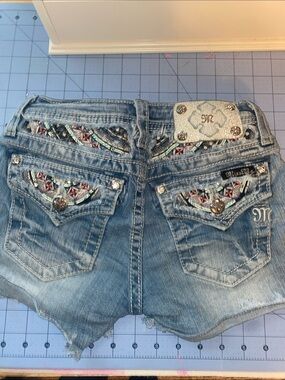 Girls Miss Me Light Blue Denim Embellished Pocket Shorts with Multicolor Trim